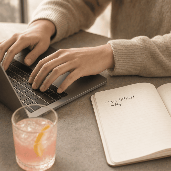 Woman working calmly at desk, coffee + Softshift visible