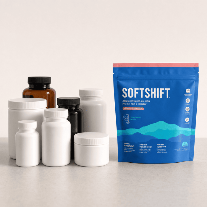 Softshift container + glass vs. cluttered supplement shelf